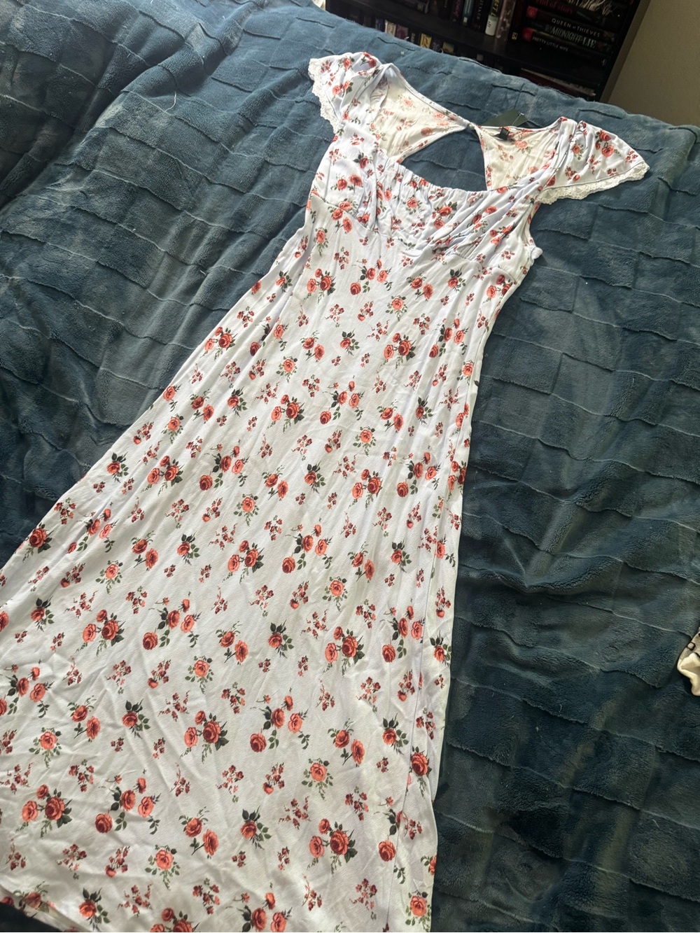 Light Blue Floral Maxi Chemise with Pink Rose Print